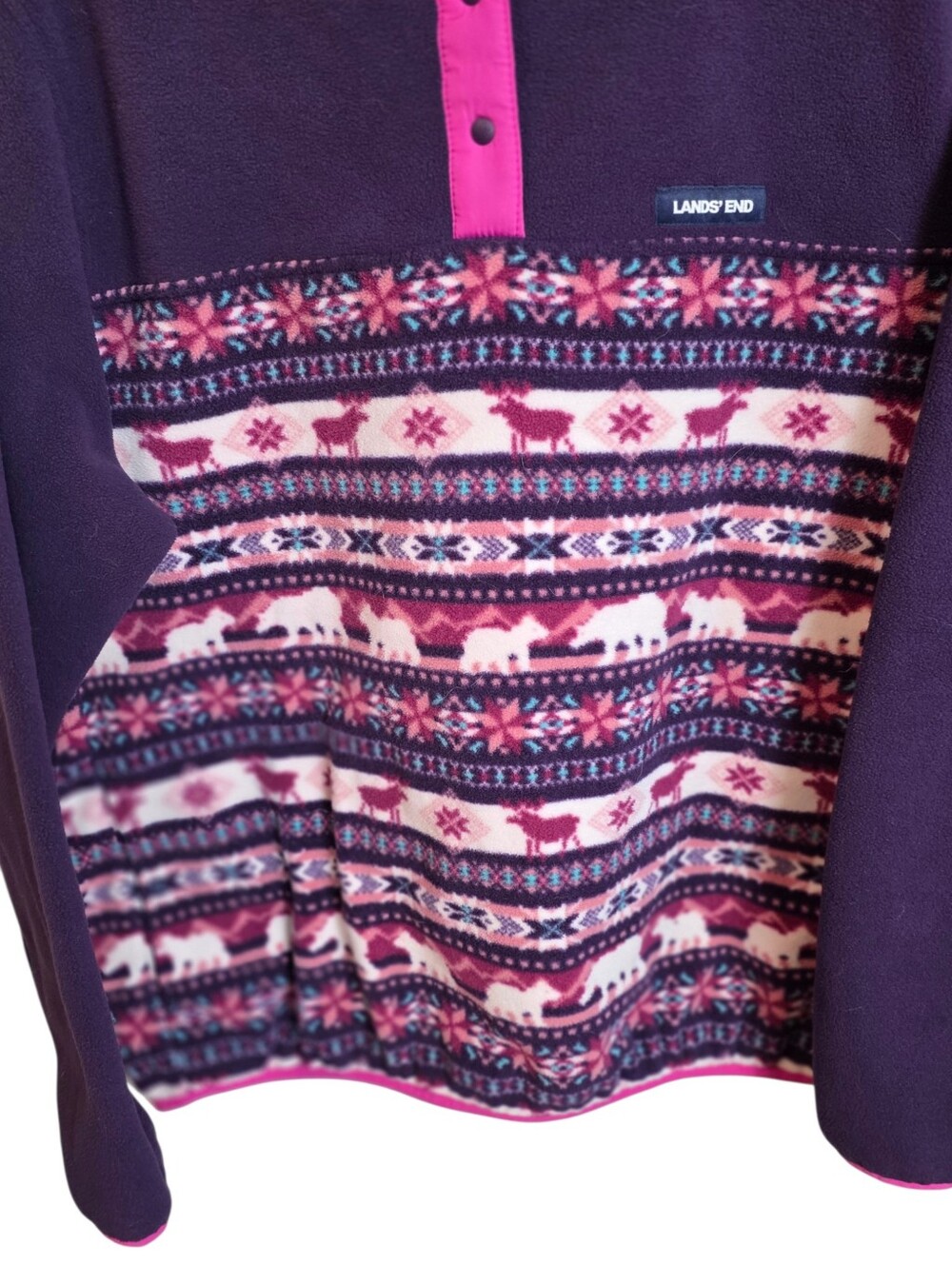 Lands’ End Women’s XL Purple Fleece Fair Isle Reindeer Snap Pullover - Picture 5 of 14